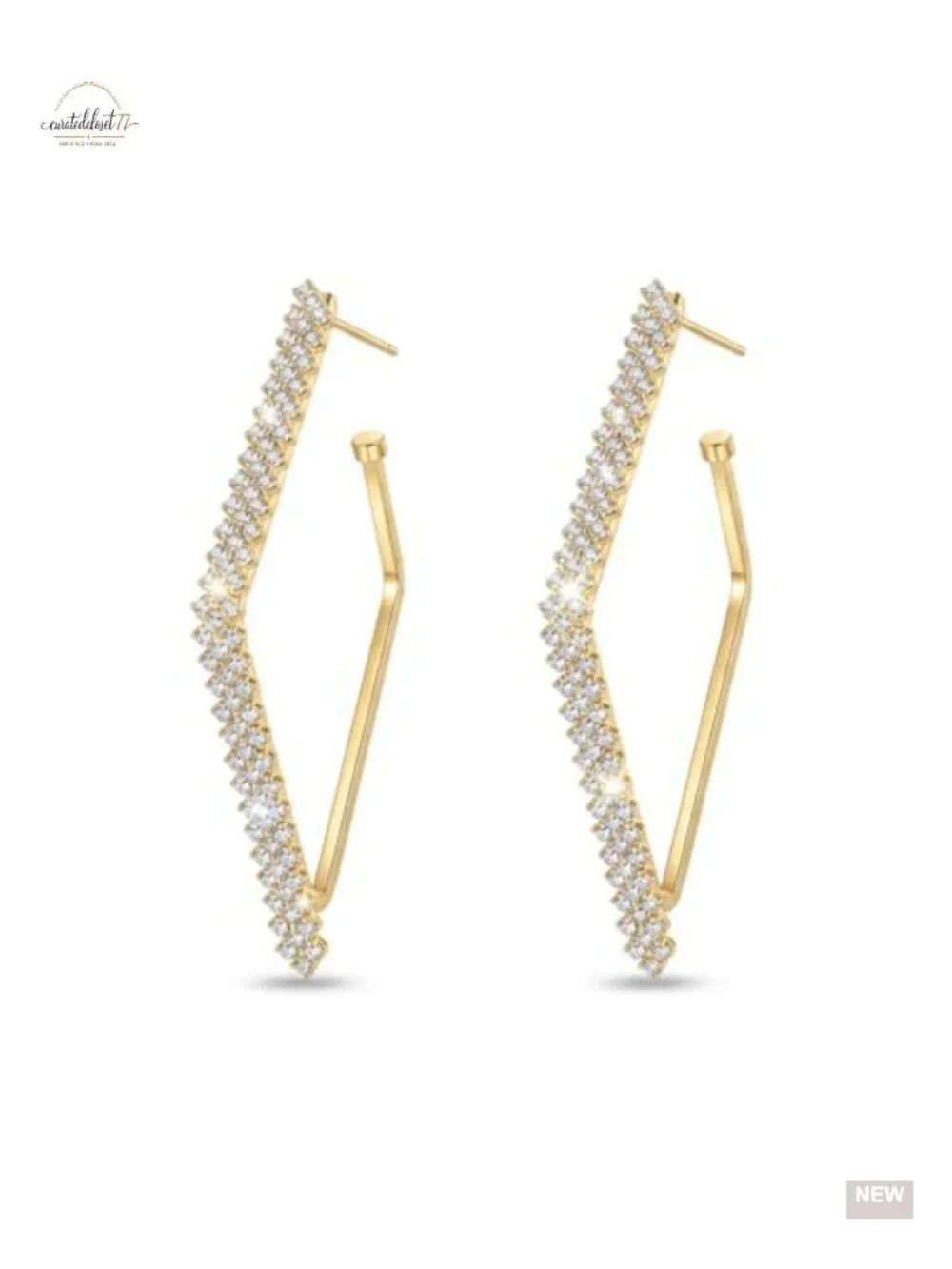Rhinestone Geometric Hoop Stud Earrings Gold Plated Sparkly Crystal Statement